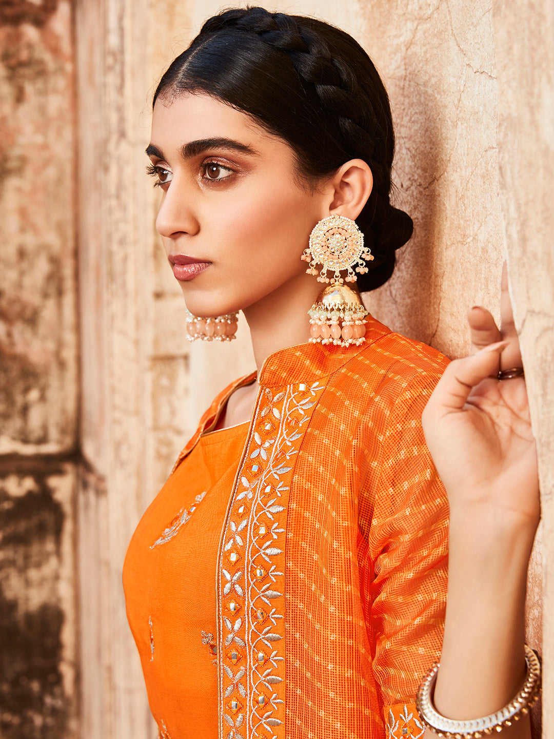 Buy UrbanStree Lina Orange Chanderi Salwar Suit Set For Women Online